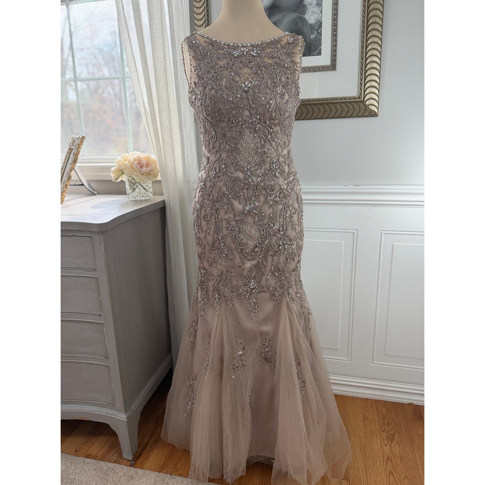 MGNY 71907 Taupe Beaded Mermaid Gown Shawl MOB Formal Dress Size 6
